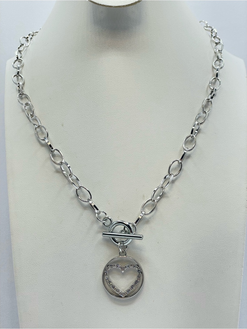 Silver Tone Crystal Heart Toggle Necklace Romantic Glam Statement